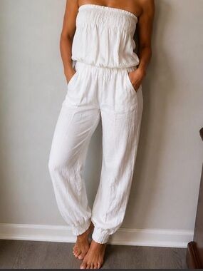 Highway Jeans White Strapless Smocked Jumpsuit with Pockets